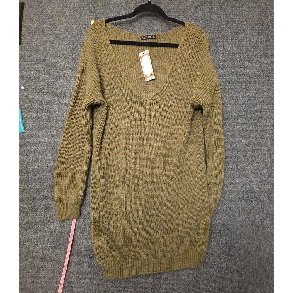 Boohoo Sweater Tunic Womens XL Green V Neck Long Sleeve Chunky Knit Pullover